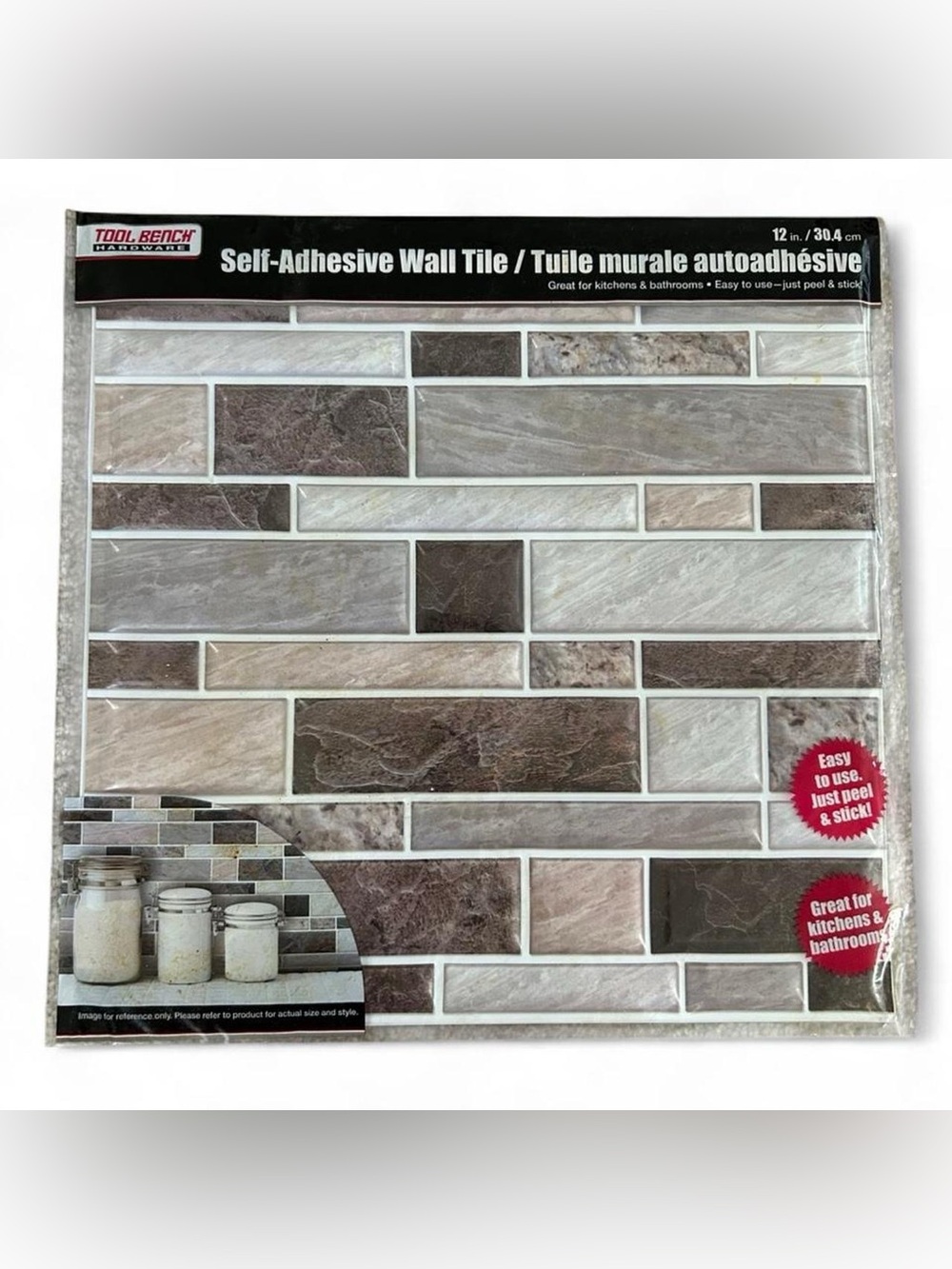 Self-adhesive wall tile in white and grey